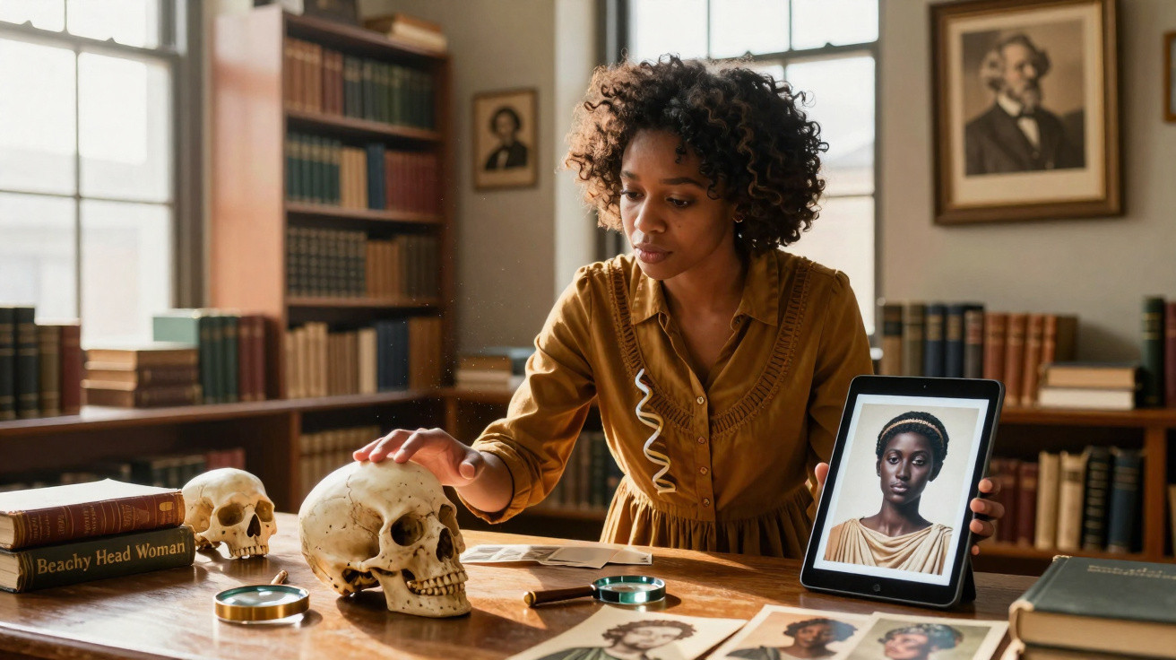 Mulher estudando crânios em biblioteca, segurando tablet com retrato de mulher negra.