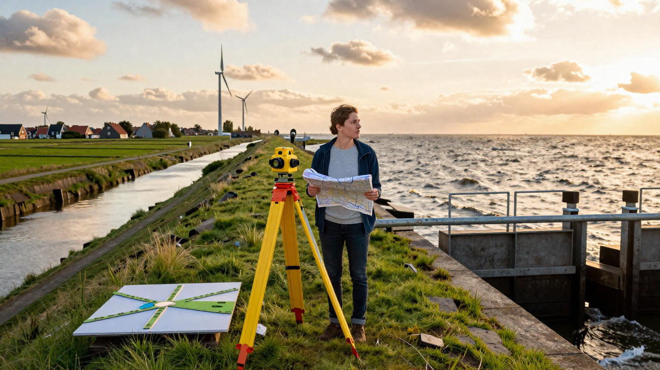 Homem com mapa e equipamento de topografia ao ar livre perto de moinhos de vento e água ao pôr do sol.