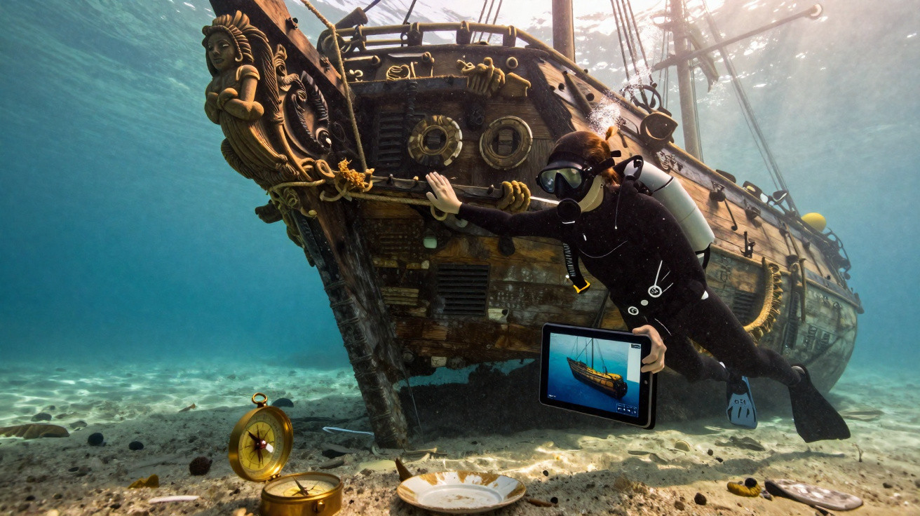 Mergulhador com tablet explora naufrágio antigo e objetos no fundo do mar com bússola e pratos.