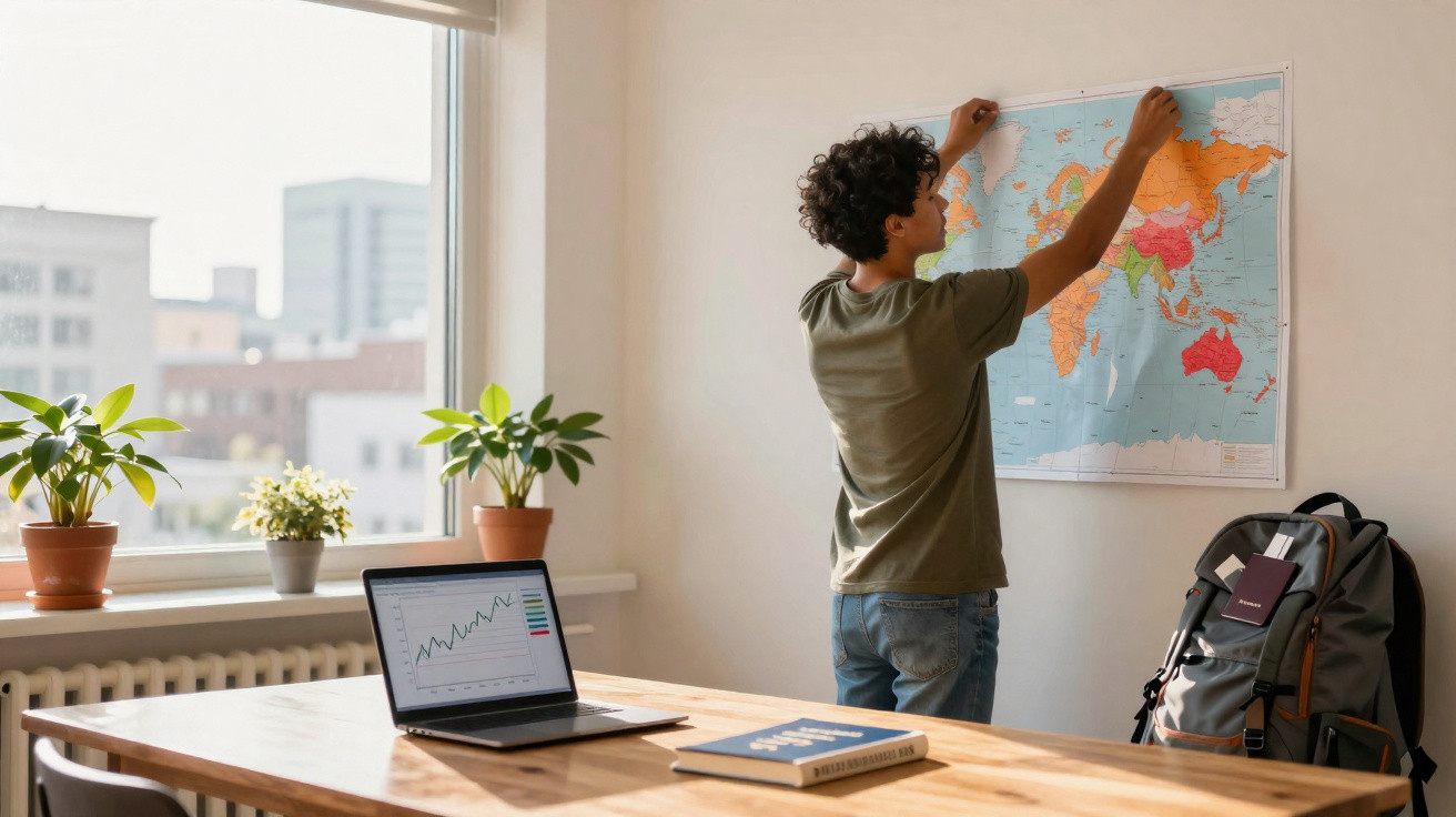 Jovem prende mapa mundi na parede em sala clara com laptop, mochila e plantas.