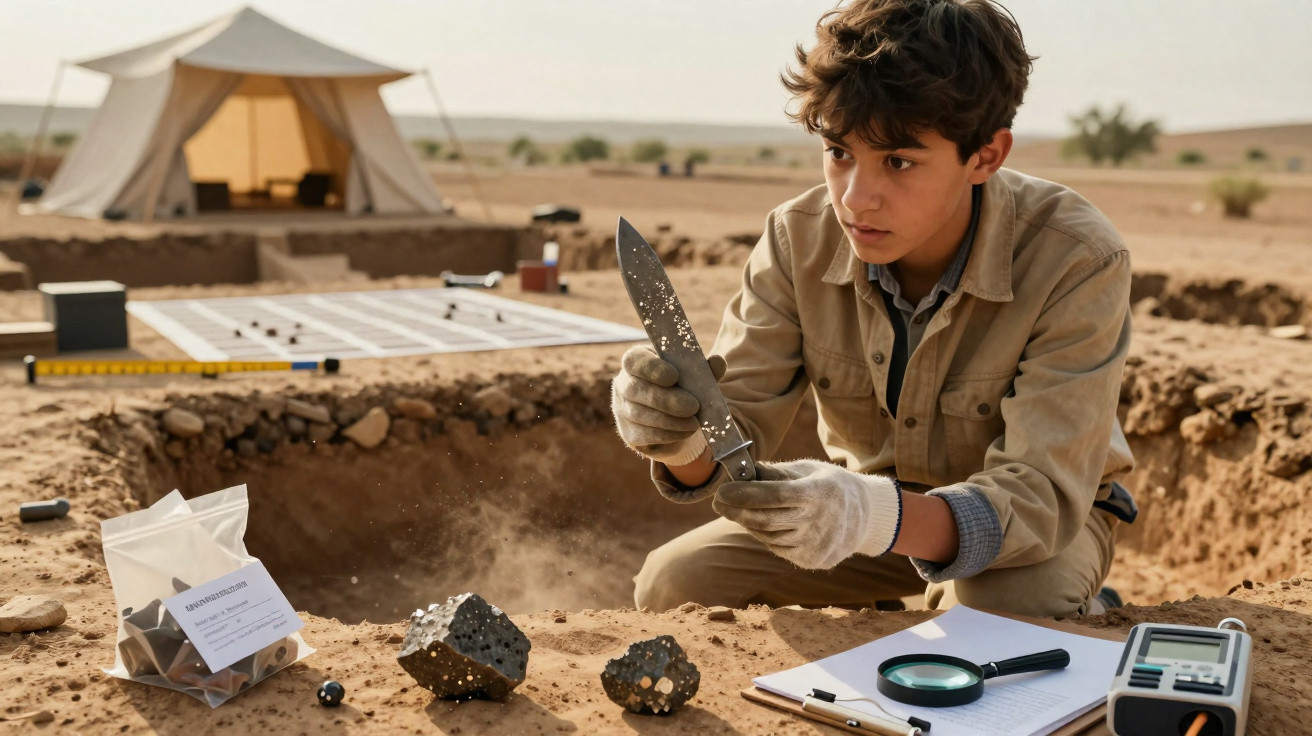 Jovem arqueólogo examina fragmento de rocha em escavação arqueológica no deserto com equipamentos ao redor.