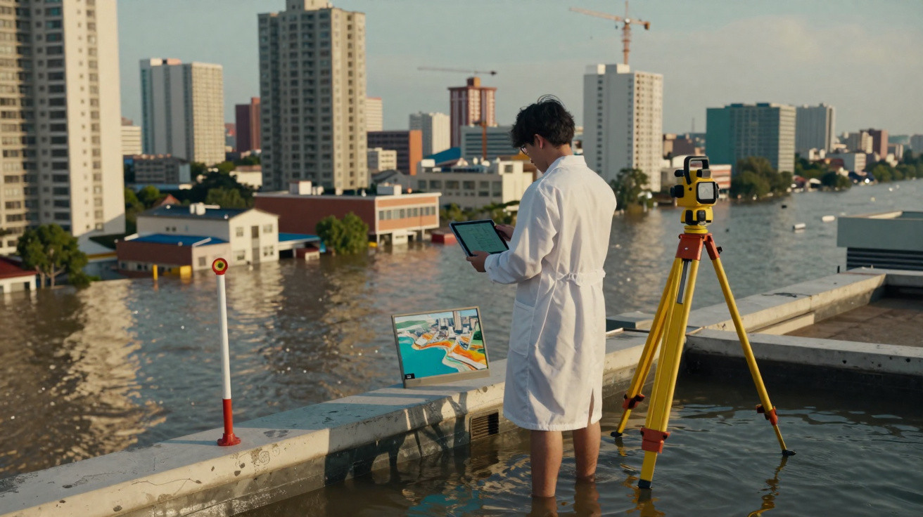 Homem com jaleco branco em área alagada em terra alta, usando tablet com modelos digitais urbanos próximos.