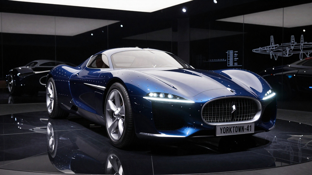 Carro esportivo azul brilhante exposto em showroom com refletor no teto e piso preto refletivo.