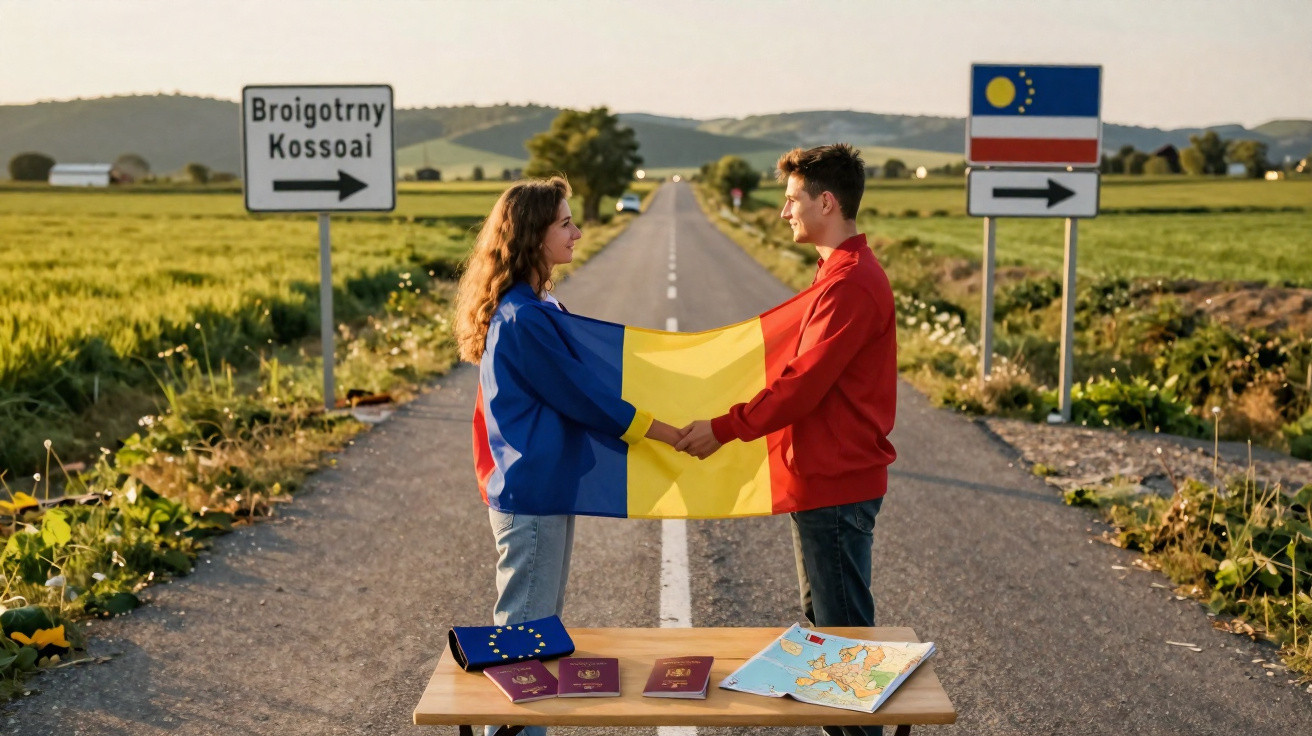 Casal segurando bandeira colorida na estrada, com mesa e mapas à frente em dia ensolarado no campo.