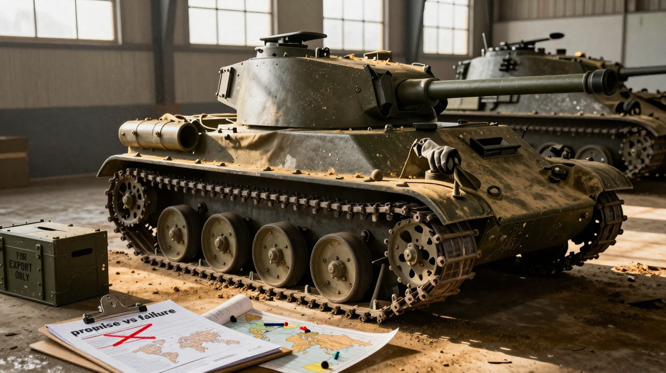Tanque militar verde em exposição com mapas e plano de falha em ambiente interno iluminado.