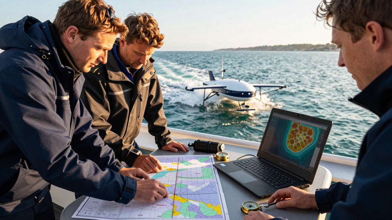 Três homens estudam mapas e dados em laptop em barco, com drone aquático no mar ao fundo.