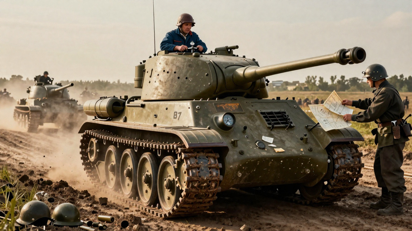Tanque militar em campo aberto com soldados em uniforme e mapas durante treinamento ou batalha simulada.