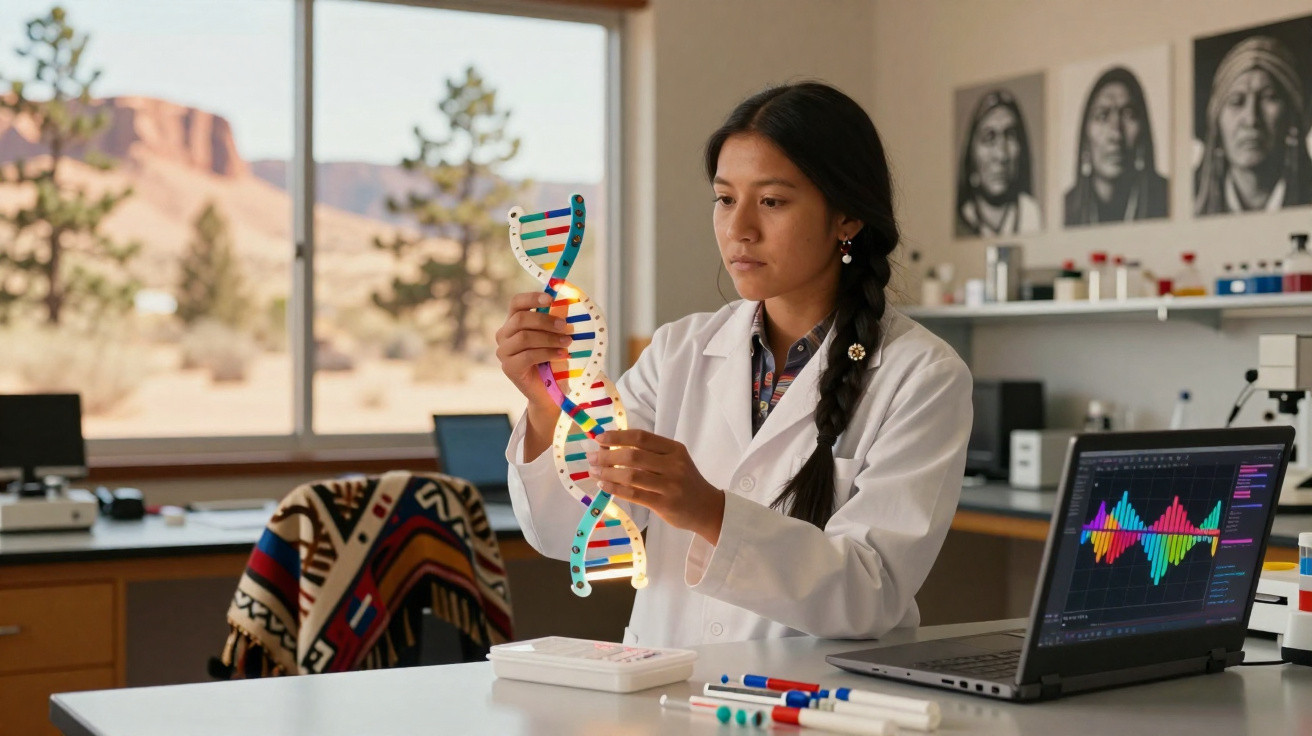 Mulher cientista indígena em jaleco branco segura modelo de DNA em laboratório com laptop e equipamentos.