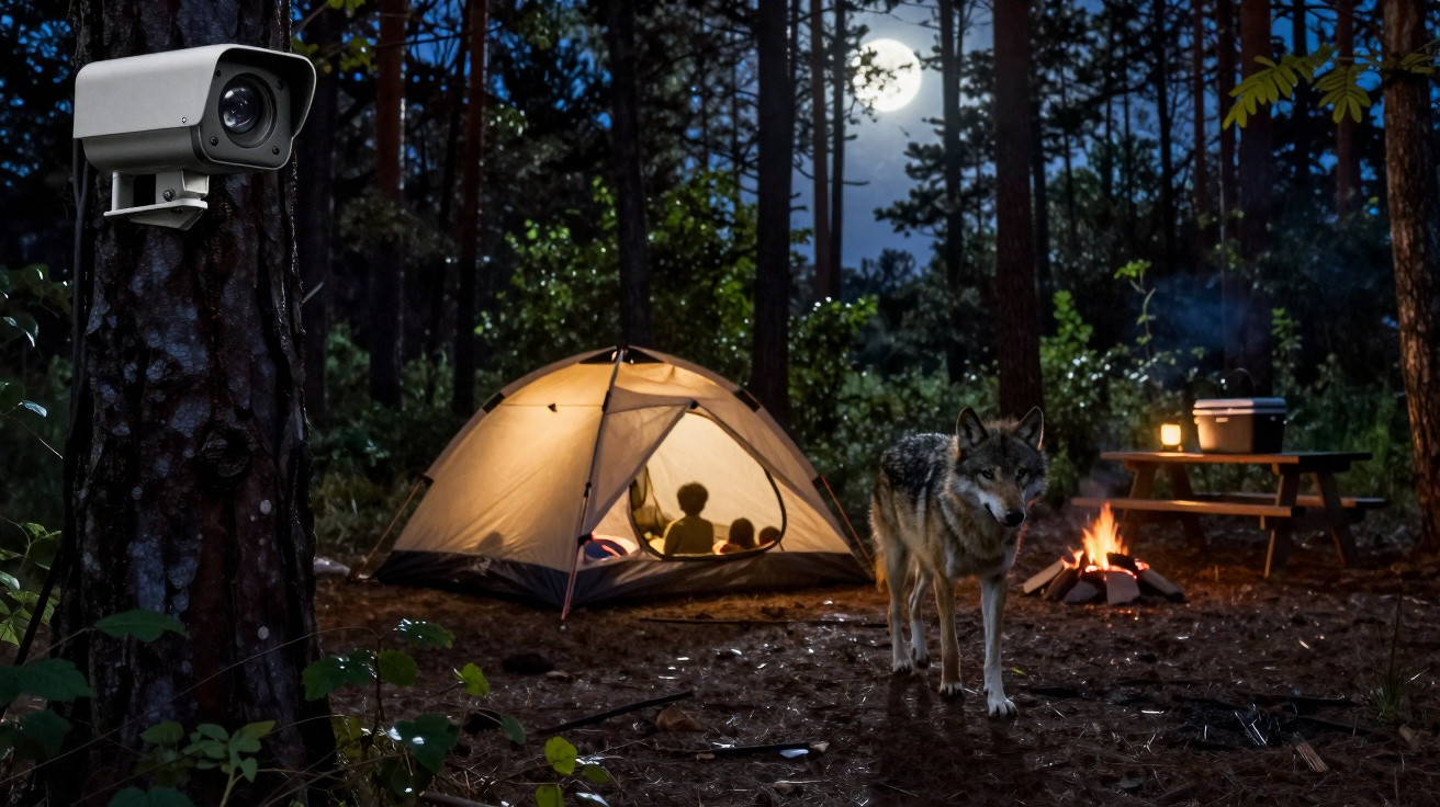 Câmera de segurança em árvore monitora acampamento com barraca iluminada, fogo e lobo à noite na floresta.