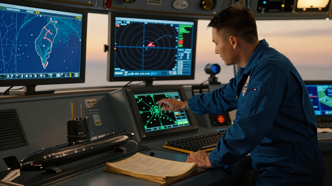 Homem em uniforme naval operando radar em sala de controle com mapas e modelo de submarino.