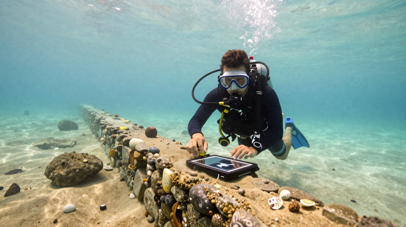 Mergulhador com equipamento completo usando tablet em estrutura de pedra coberta por conchas no fundo do mar.