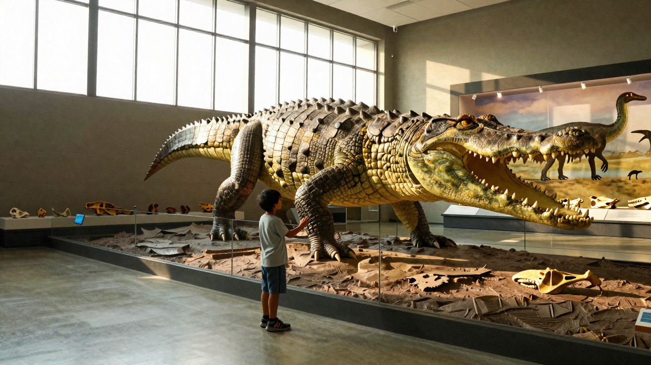Criança observa modelo realista de crocodilo gigante em exposição de museu iluminada por luz natural.