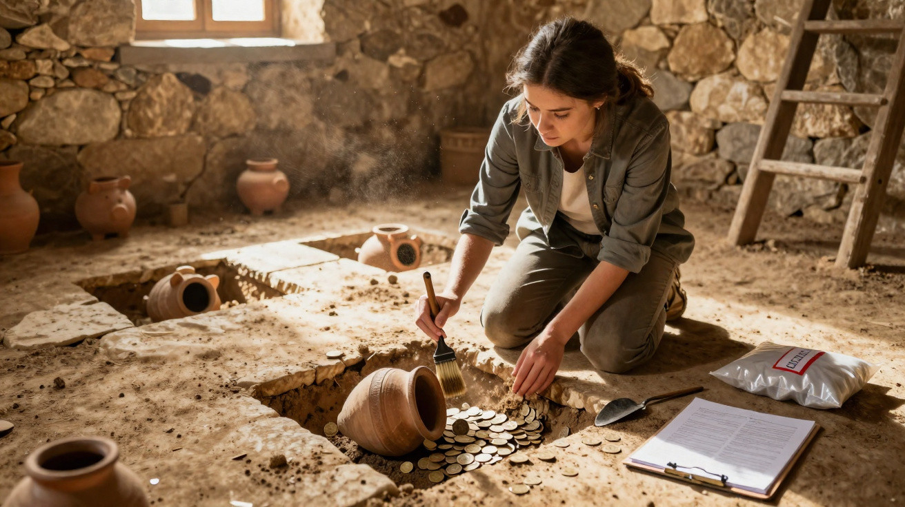 Mulher arqueóloga escavando moedas antigas em sítio arqueológico com vasos de cerâmica ao redor.