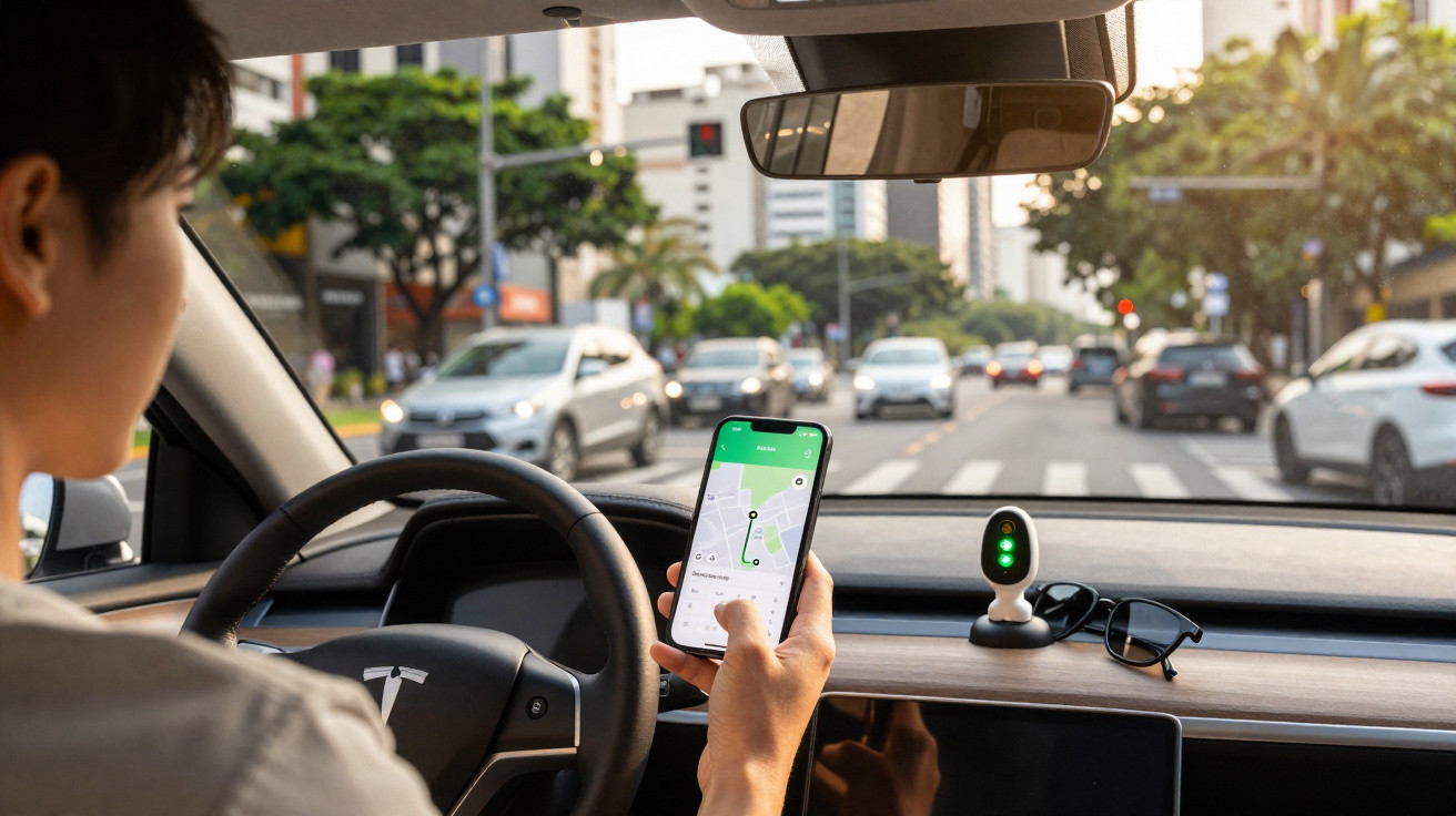 Pessoa usando aplicativo de navegação no celular dentro de carro elétrico Tesla em rua urbana movimentada.