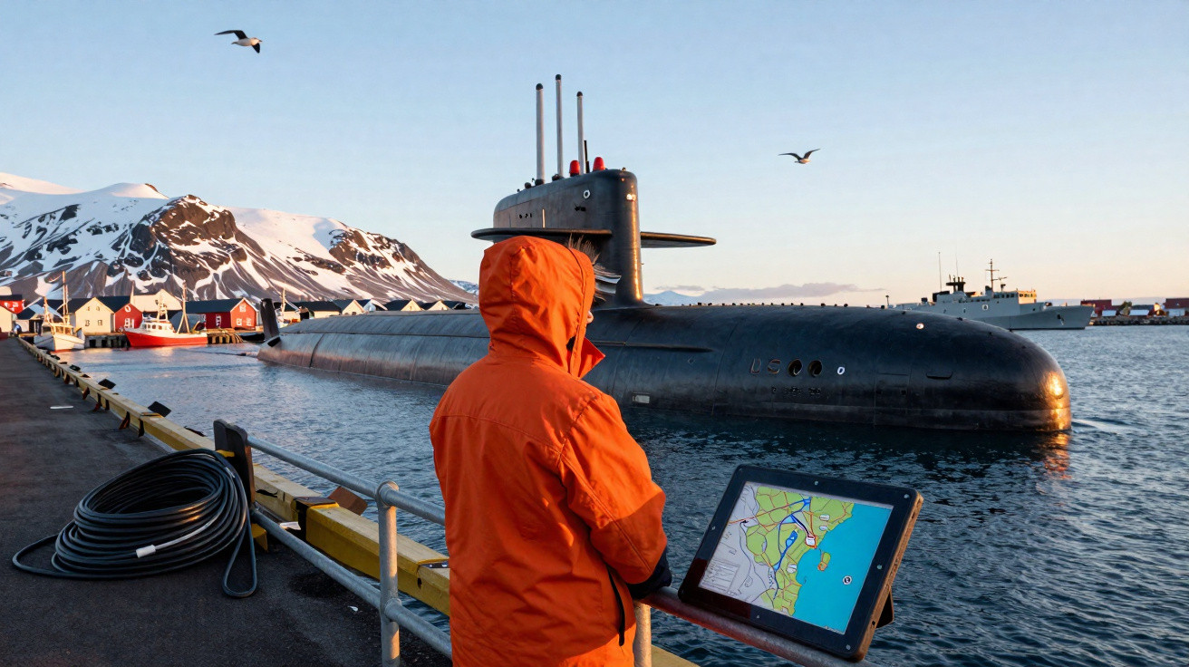 Pessoa com capa laranja observa um submarino preto atracado em porto com montanhas nevadas ao fundo.