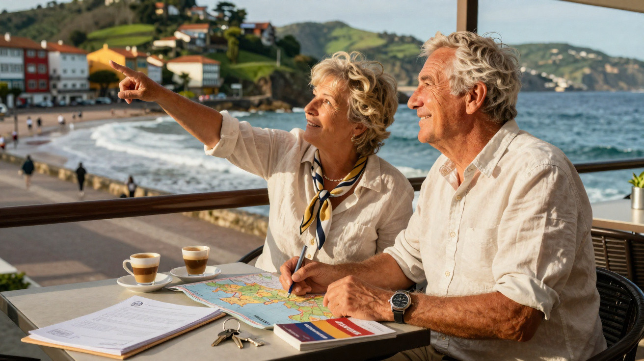 Casal de idosos planejando viagem em mesa com mapa, café e vista para o mar e montanhas.