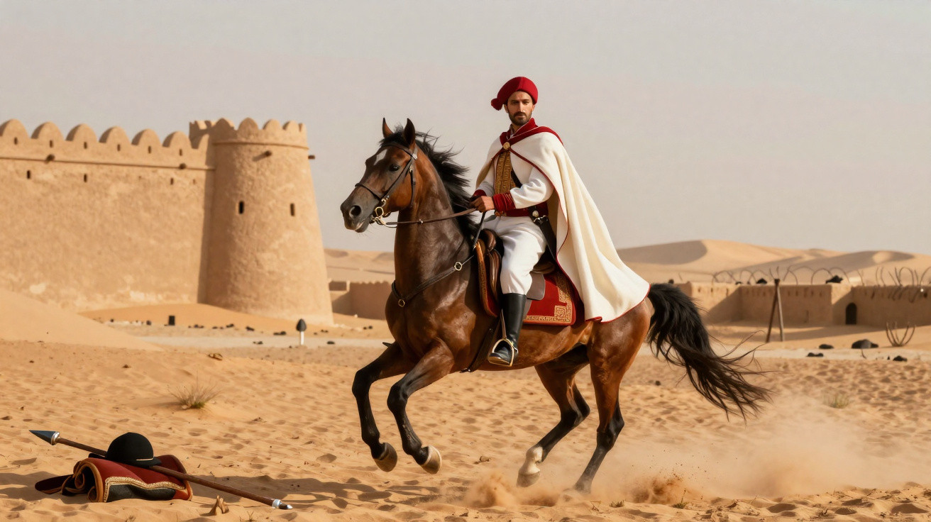 Homem com roupa tradicional vermelha e branca montado a cavalo em deserto próximo a castelo de areia.