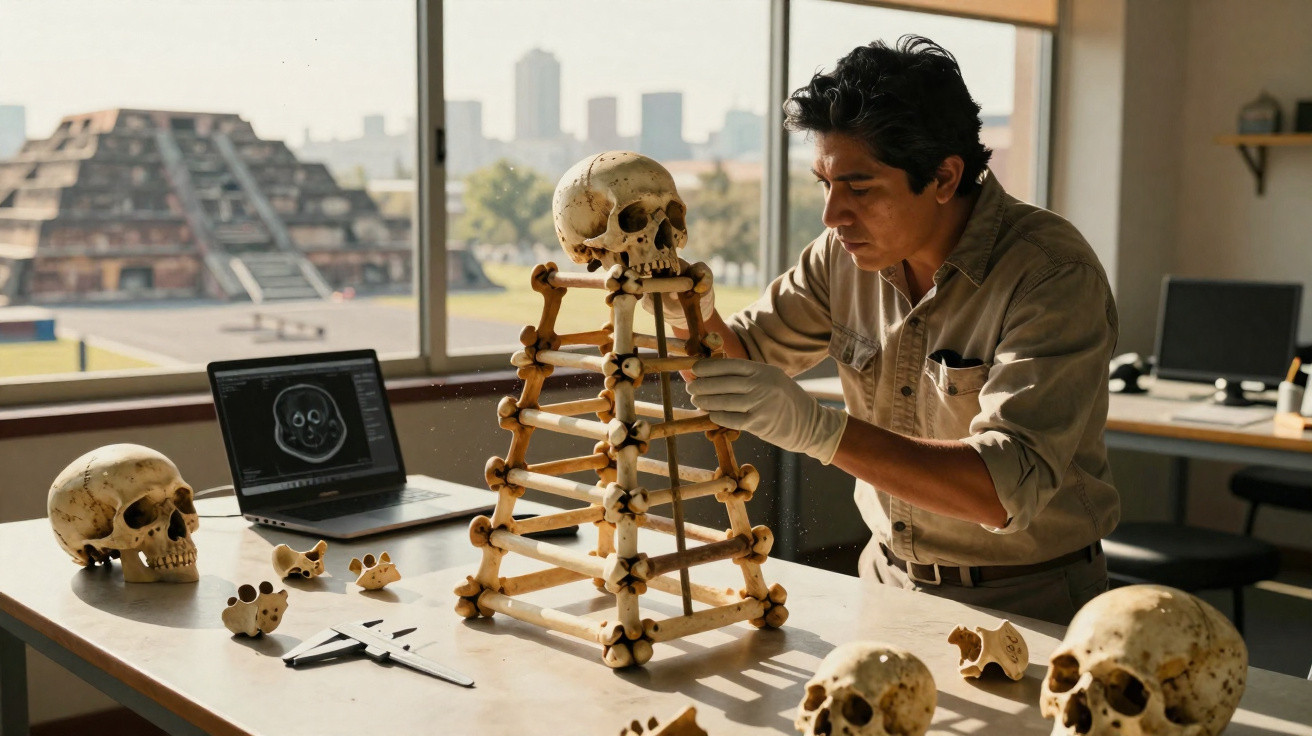 Pesquisador monta estrutura de ossos humanos em forma de pirâmide em laboratório com vista de pirâmide ao fundo.