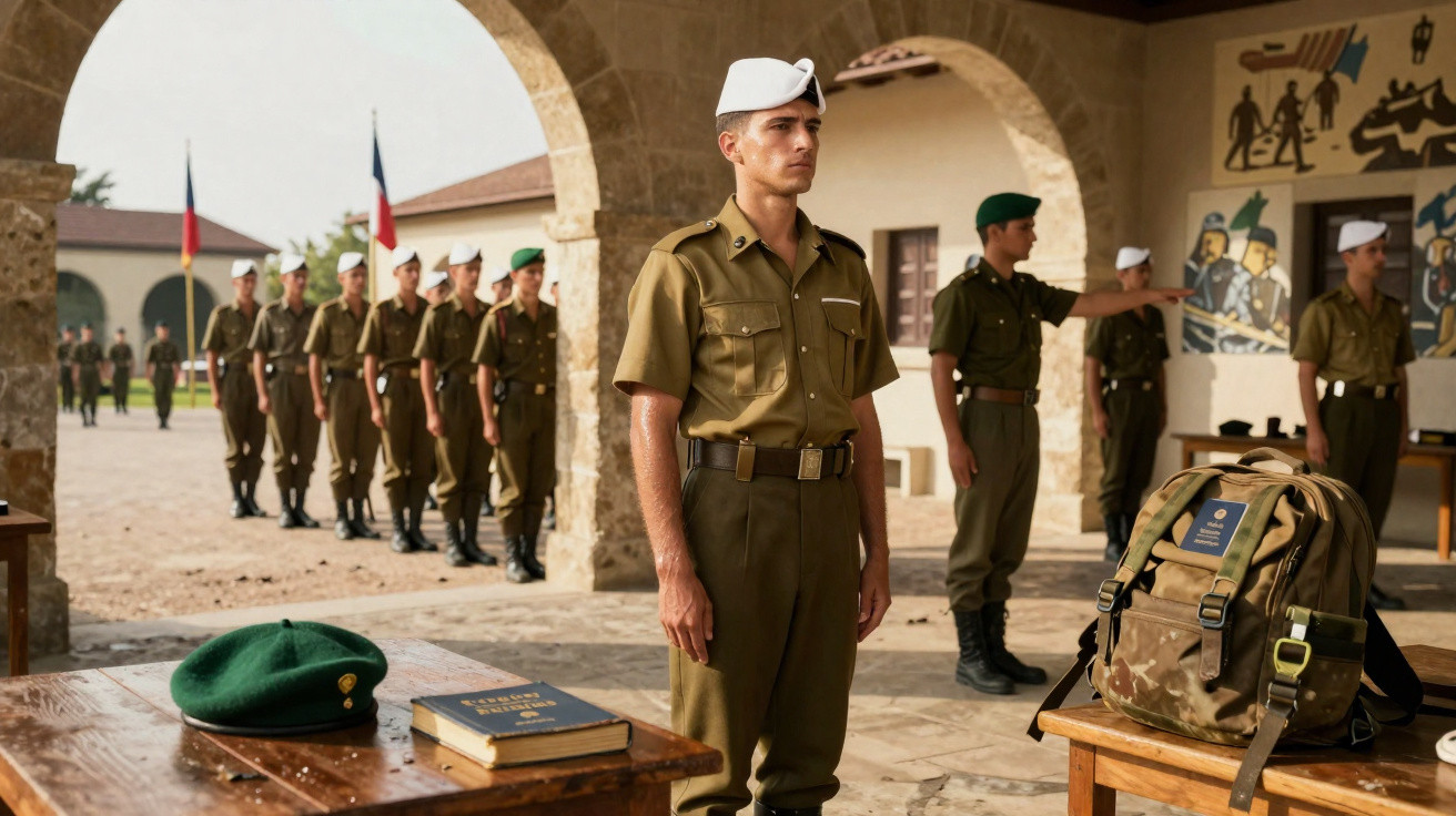 Soldados em uniforme marrom alinhados em formação sob arco de pedra em pátio com mesa e mochila camuflada.