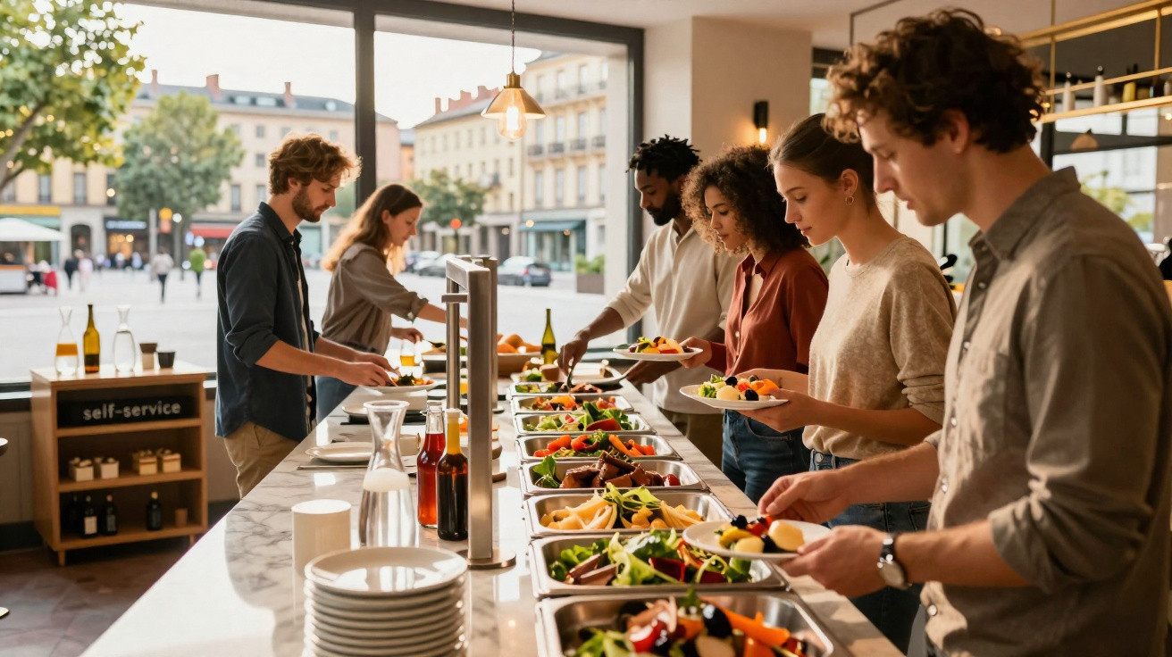 Pessoas servindo-se de comida saudável em um buffet self-service em restaurante iluminado.