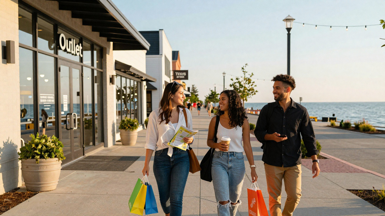 Três pessoas caminhando em um outlet à beira-mar, com sacolas de compras e café na mão.