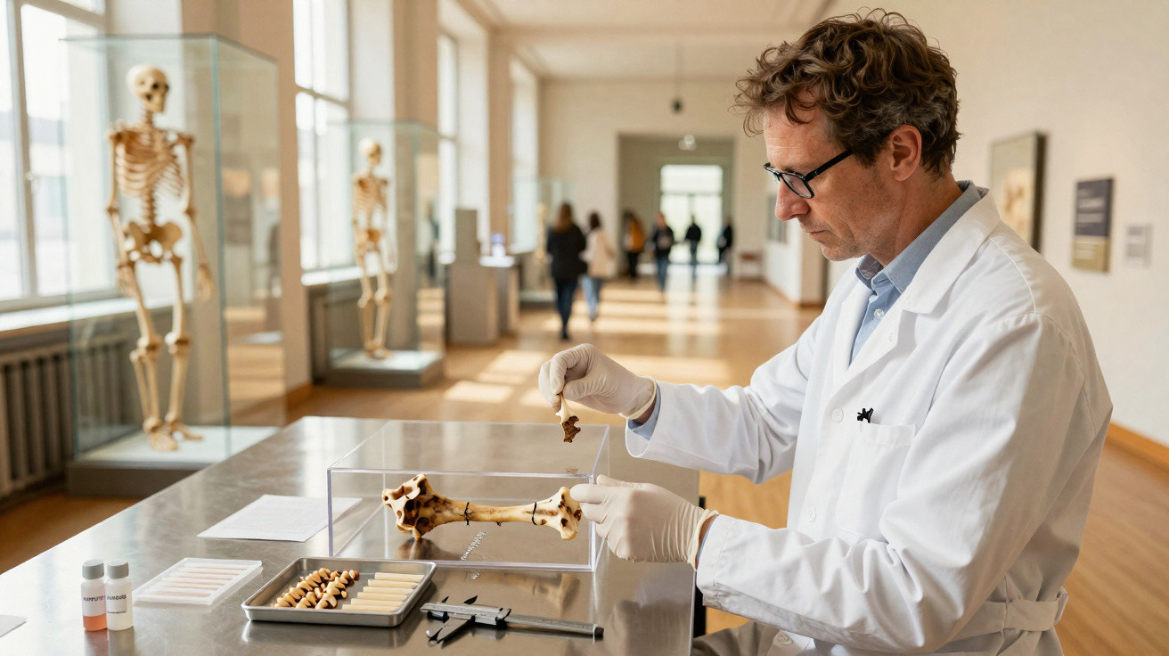 Homem de jaleco branco manipula ossos fósseis em sala de museu com esqueletos expostos atrás.