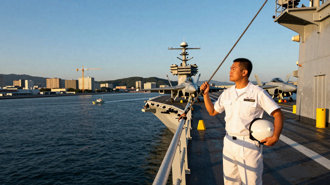 Militar de farda branca segurando capacete e observando horizonte no convés de um navio de guerra.