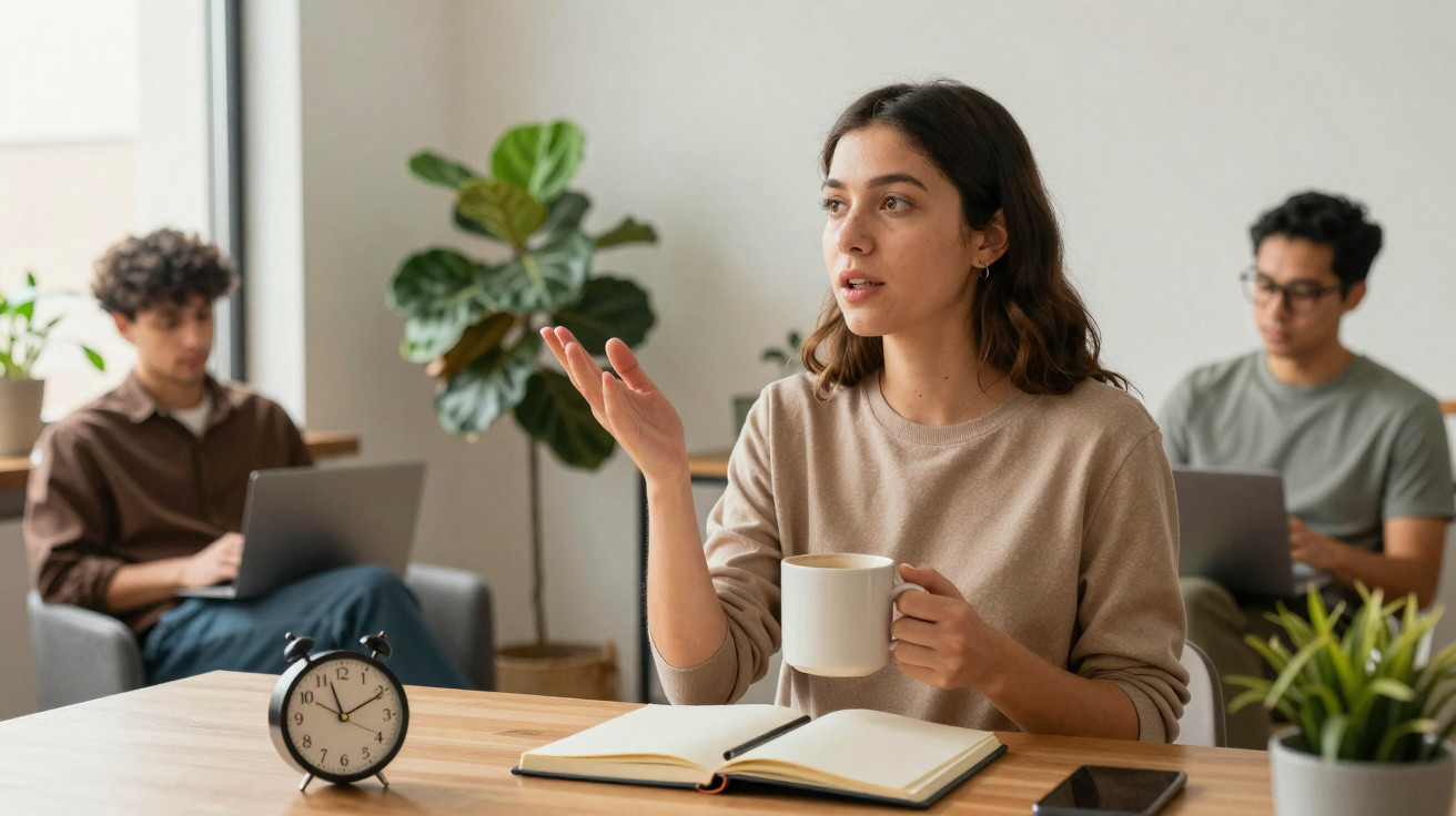 Jovem mulher conversa segurando xícara, com caderno aberto e relógio na mesa, enquanto dois homens usam laptops ao fundo.