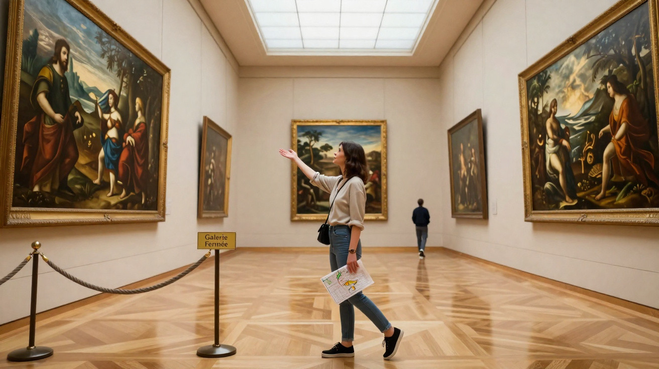 Mulher observa pinturas clássicas em galeria de arte com chão de madeira e teto iluminado naturalmente.
