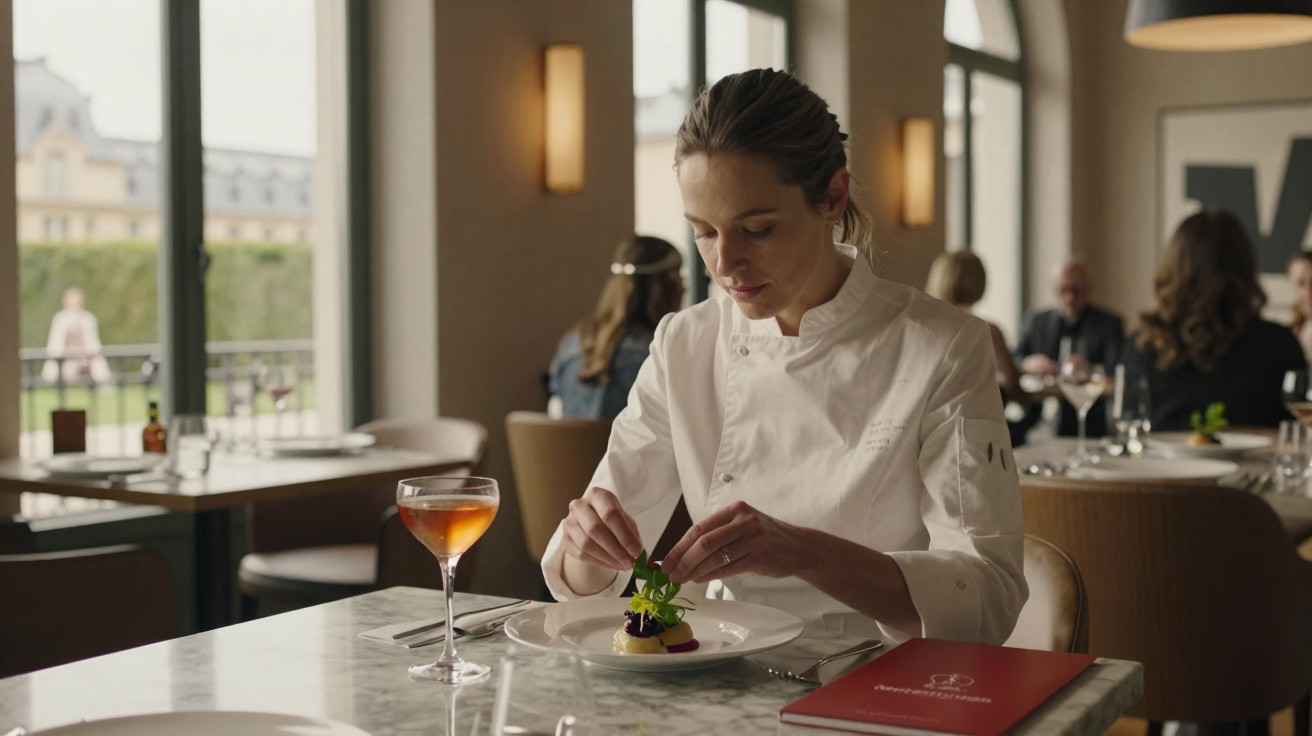 Chef feminina finalizando a apresentação de prato em restaurante elegante com bebida ao lado.