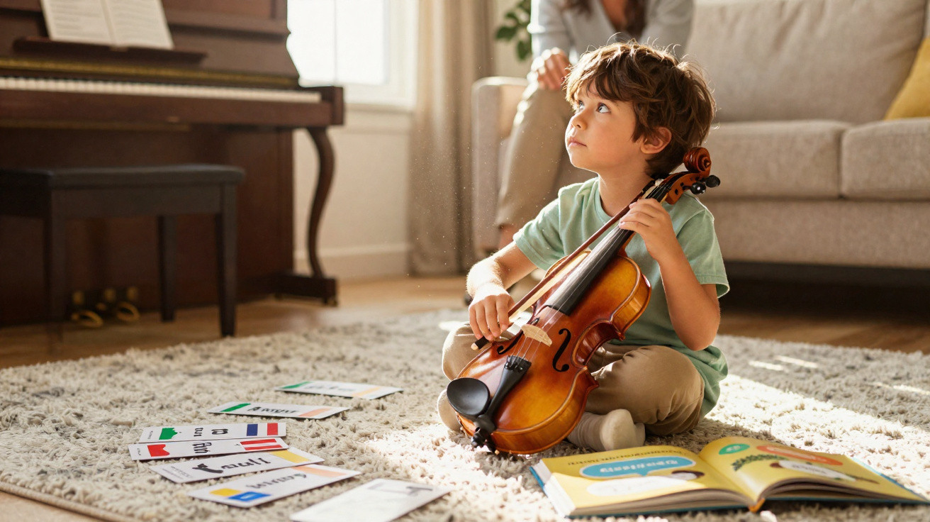 Menino sentado no chão segurando violino, com cartas e livro aberto ao redor, em sala iluminada.