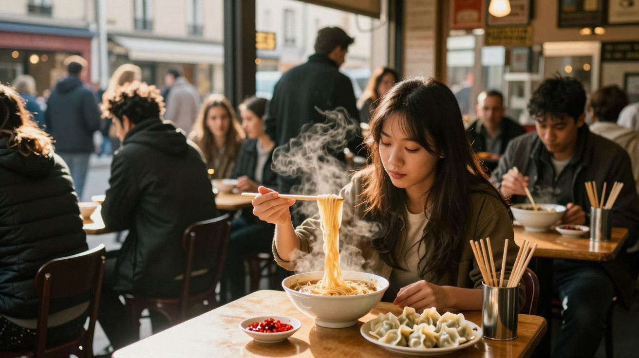 Mulher asiática comendo macarrão quente com hashis em restaurante movimentado.