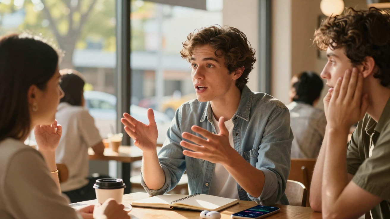 Três jovens conversando em mesa de café, com bloco de notas, copo de café e celular à frente.