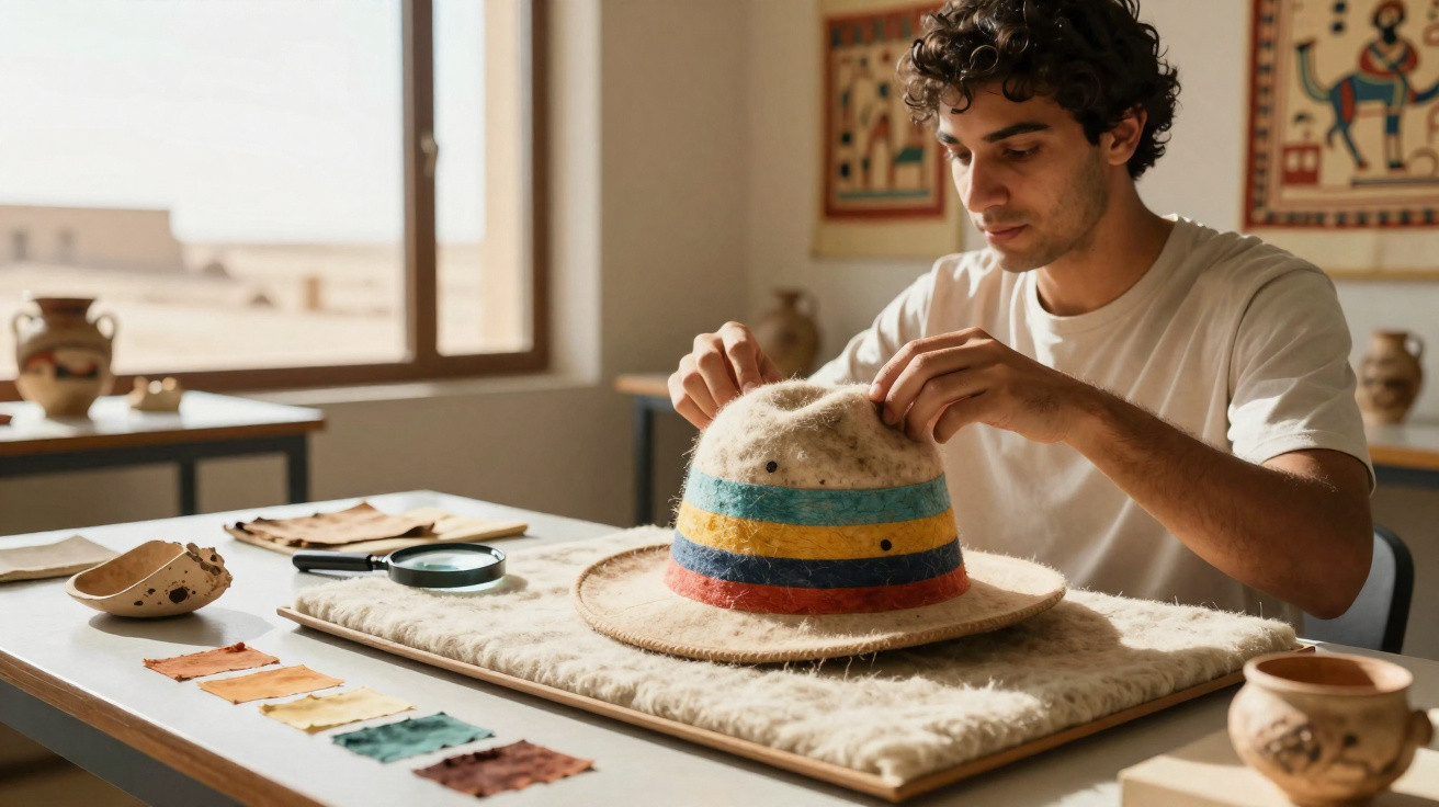 Homem jovem trabalhando na restauração de chapéu colorido em ateliê com materiais e arte indígena ao fundo.