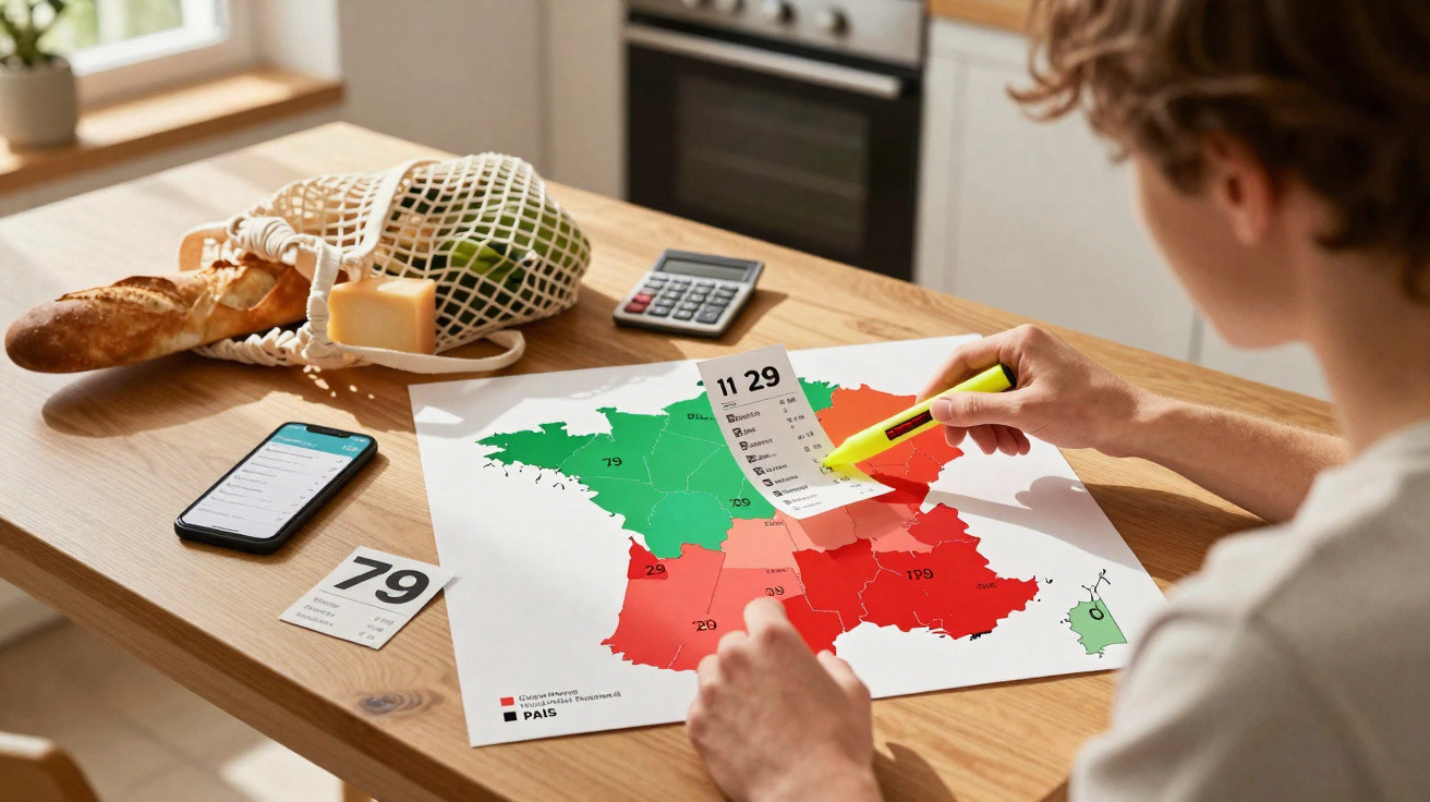 Pessoa analisando um mapa colorido da França com dados e usando um marca-texto em uma mesa com pão e celular.