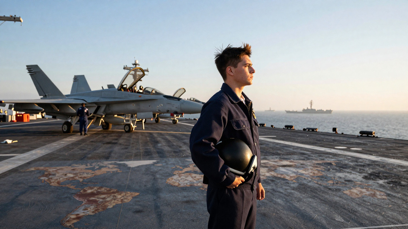 Jovem militar com macacão azul e capacete na mão, em convés de porta-aviões com jatos e mar ao fundo.