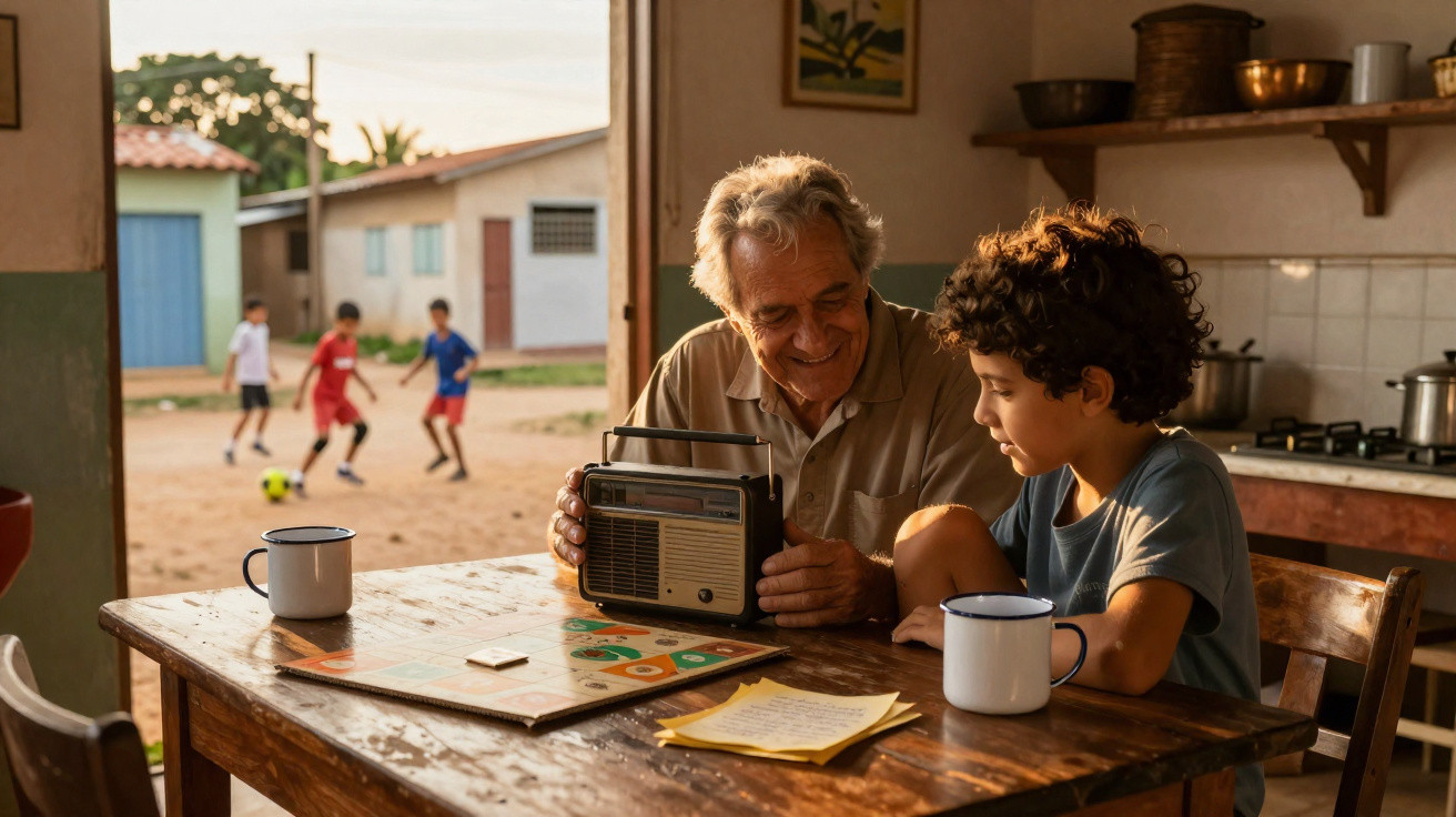 Idoso e menino sentados à mesa com rádio antigo, enquanto crianças brincam de futebol ao fundo.