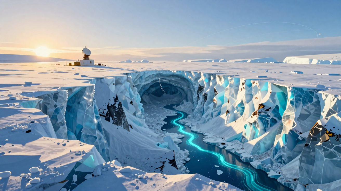 Paisagem ártica com geleira, riacho azul brilhante e estação de radar ao fundo ao pôr do sol.