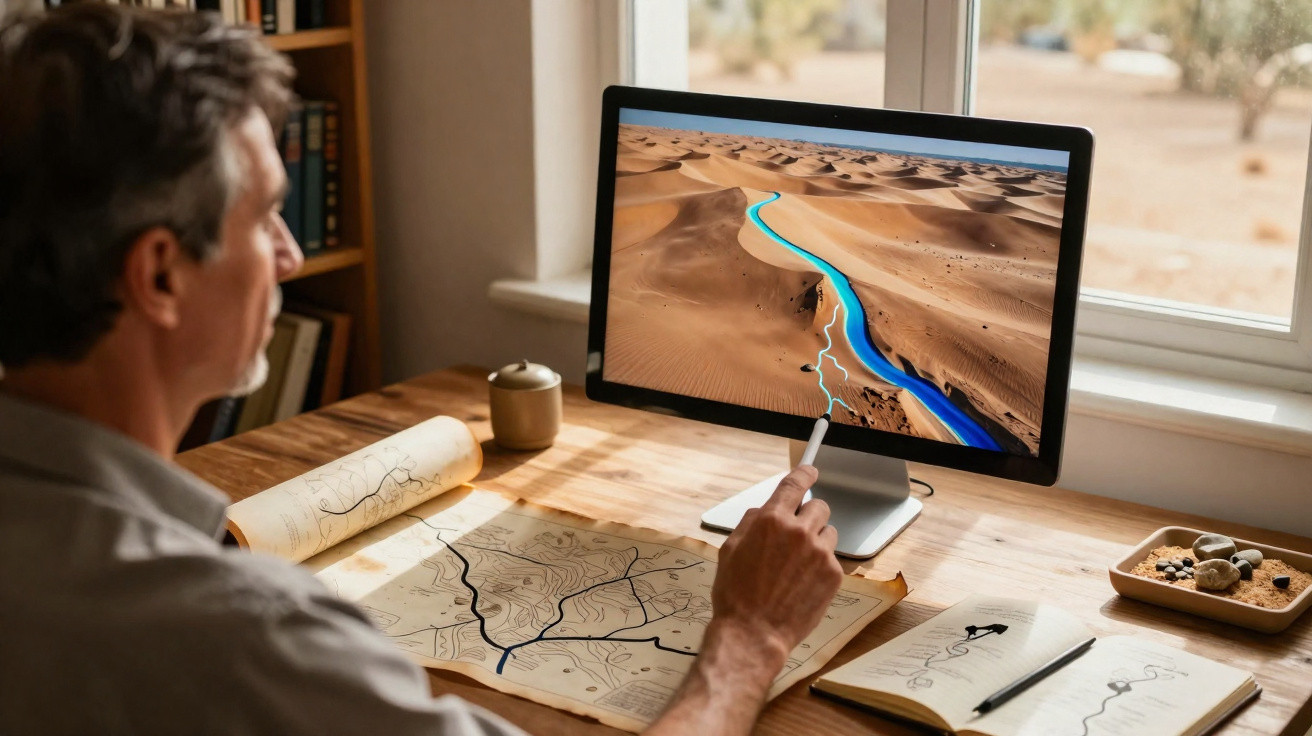 Homem analisando mapa antigo e imagem digital de deserto com rio azul no monitor de computador.