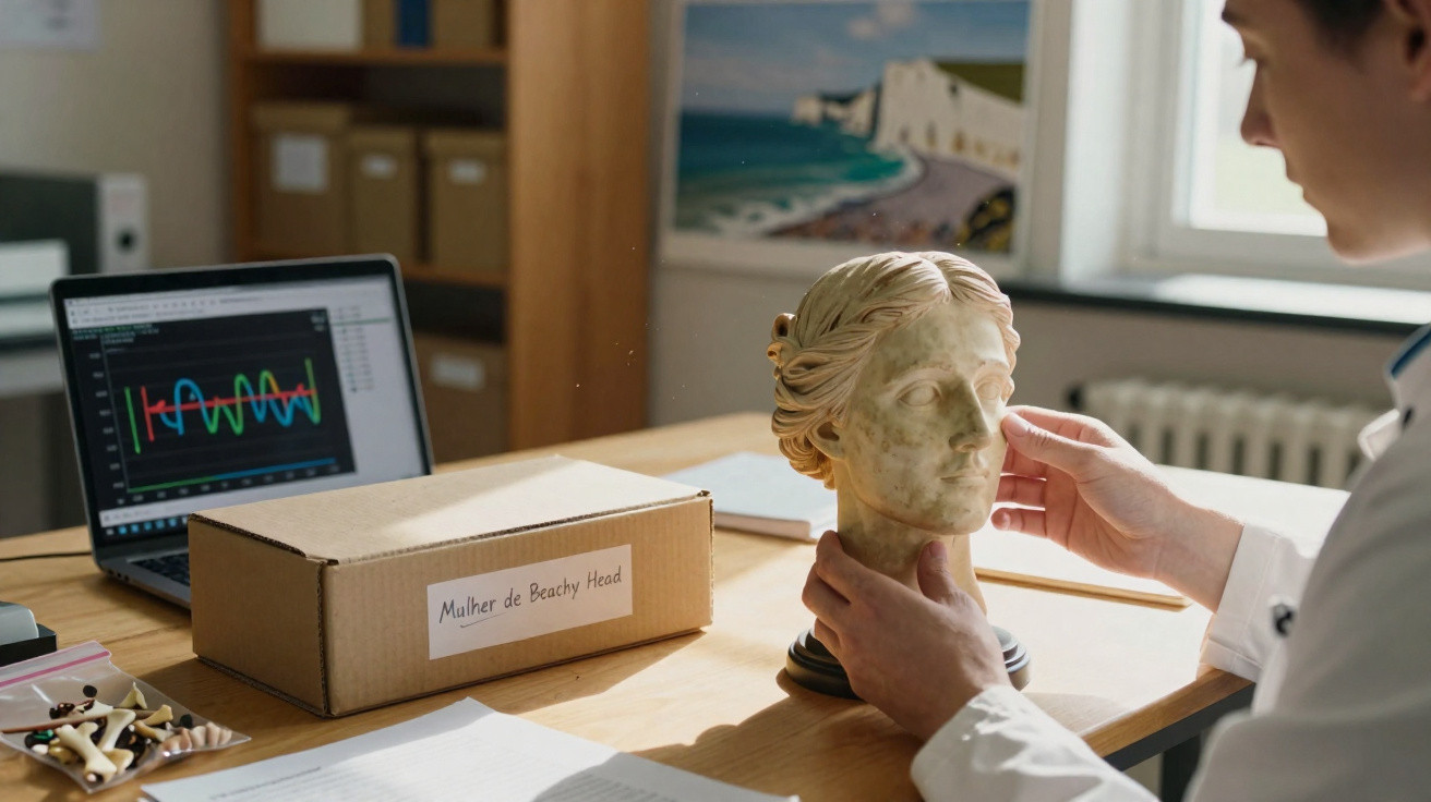 Pessoa analisando busto antigo em escritório com laptop e caixa sobre mesa iluminada pela luz natural.