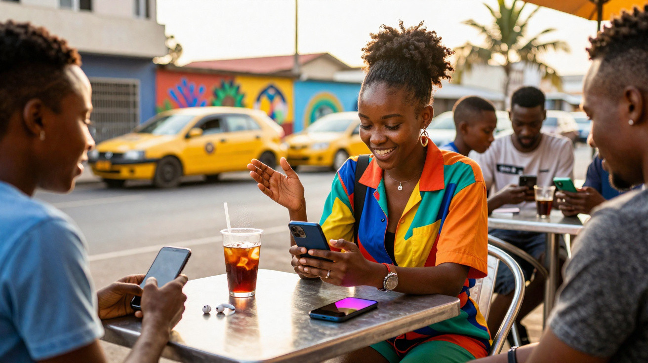 Jovens sentados ao ar livre em mesa de café, usando celulares e sorrindo, com táxis amarelos ao fundo.