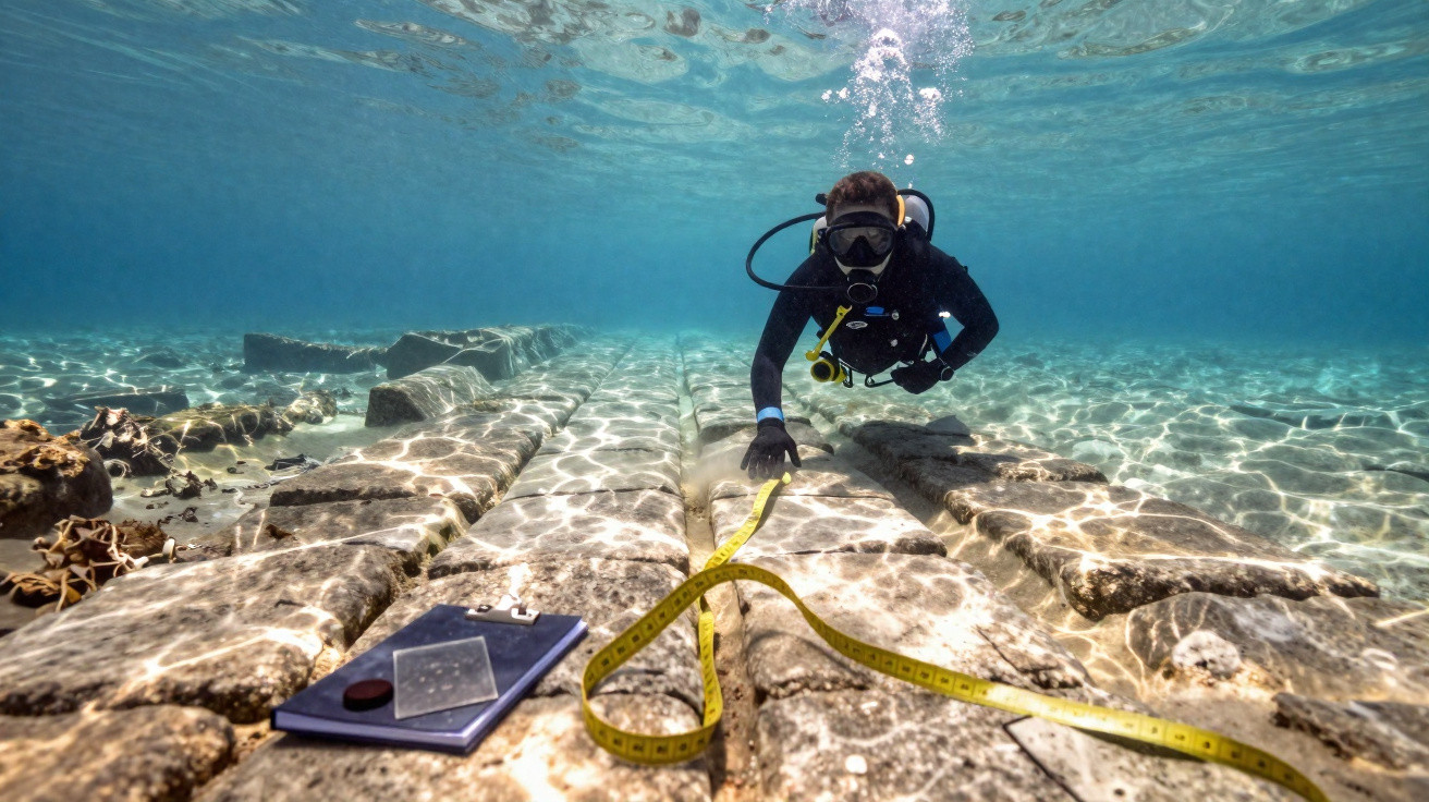 Mergulhador medindo ruínas submersas com fita métrica, prancha e amostras no fundo do mar cristalino.