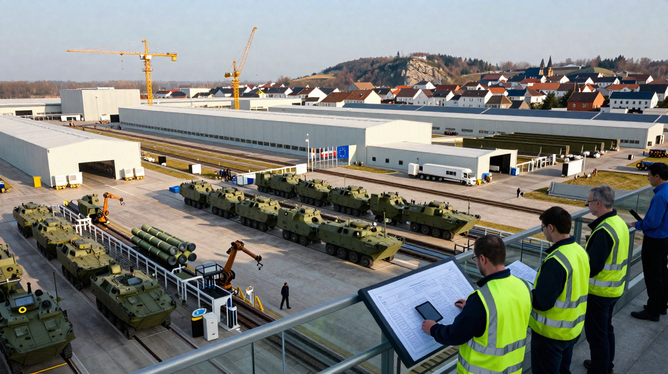 Quatro homens com coletes amarelos observam tanques militares verdes em pátio industrial com galpões e guindastes.