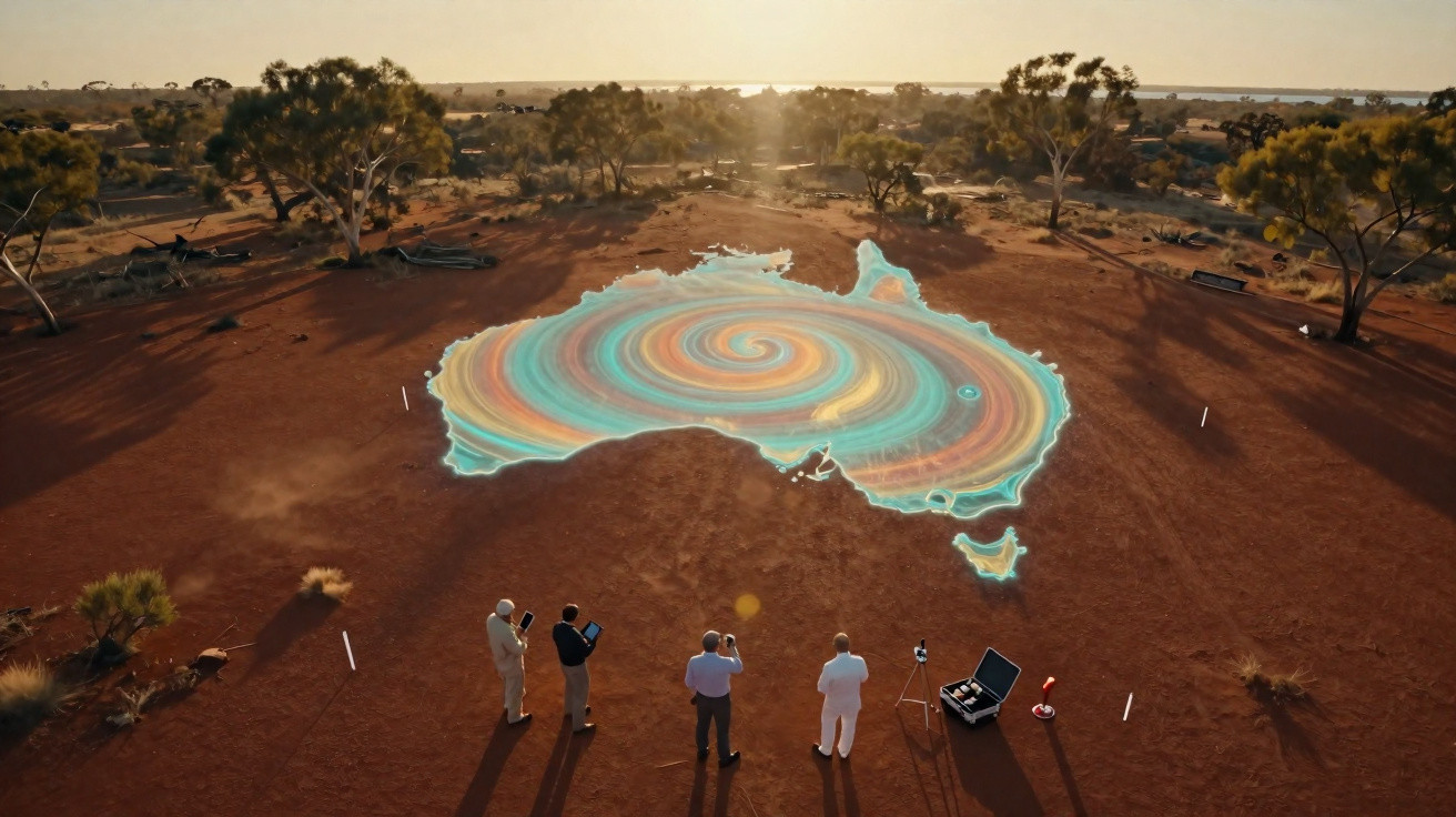 Cinco pessoas observam mapa colorido e iluminado da Austrália no solo do deserto ao pôr do sol.