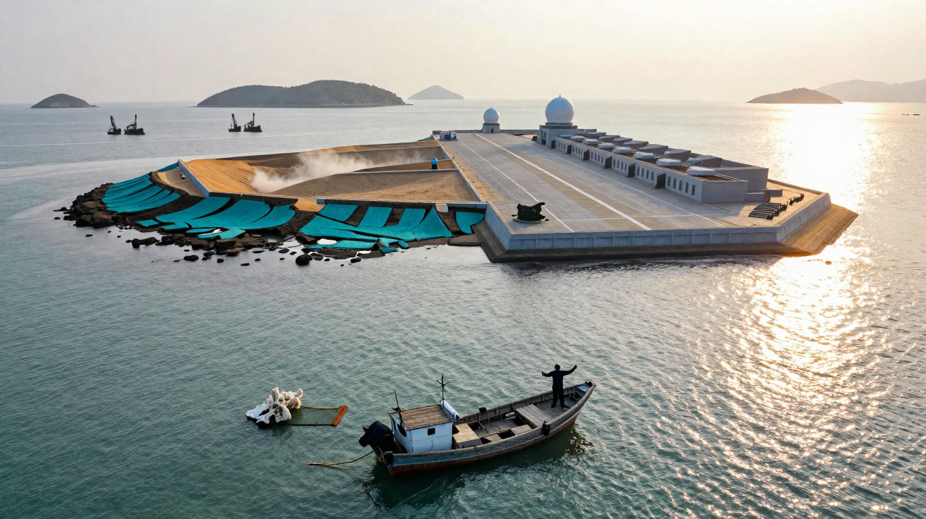 Ilha artificial com estruturas, painel solar e barco com duas pessoas no mar ao pôr do sol.
