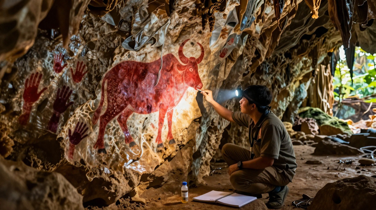 Pesquisador com lanterna examina pinturas rupestres vermelhas de animais e mãos em caverna iluminada pela luz natural.