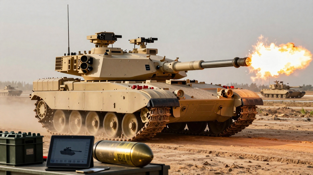 Tanque militar bege disparando projétil em campo aberto com equipamento eletrônico em primeiro plano.