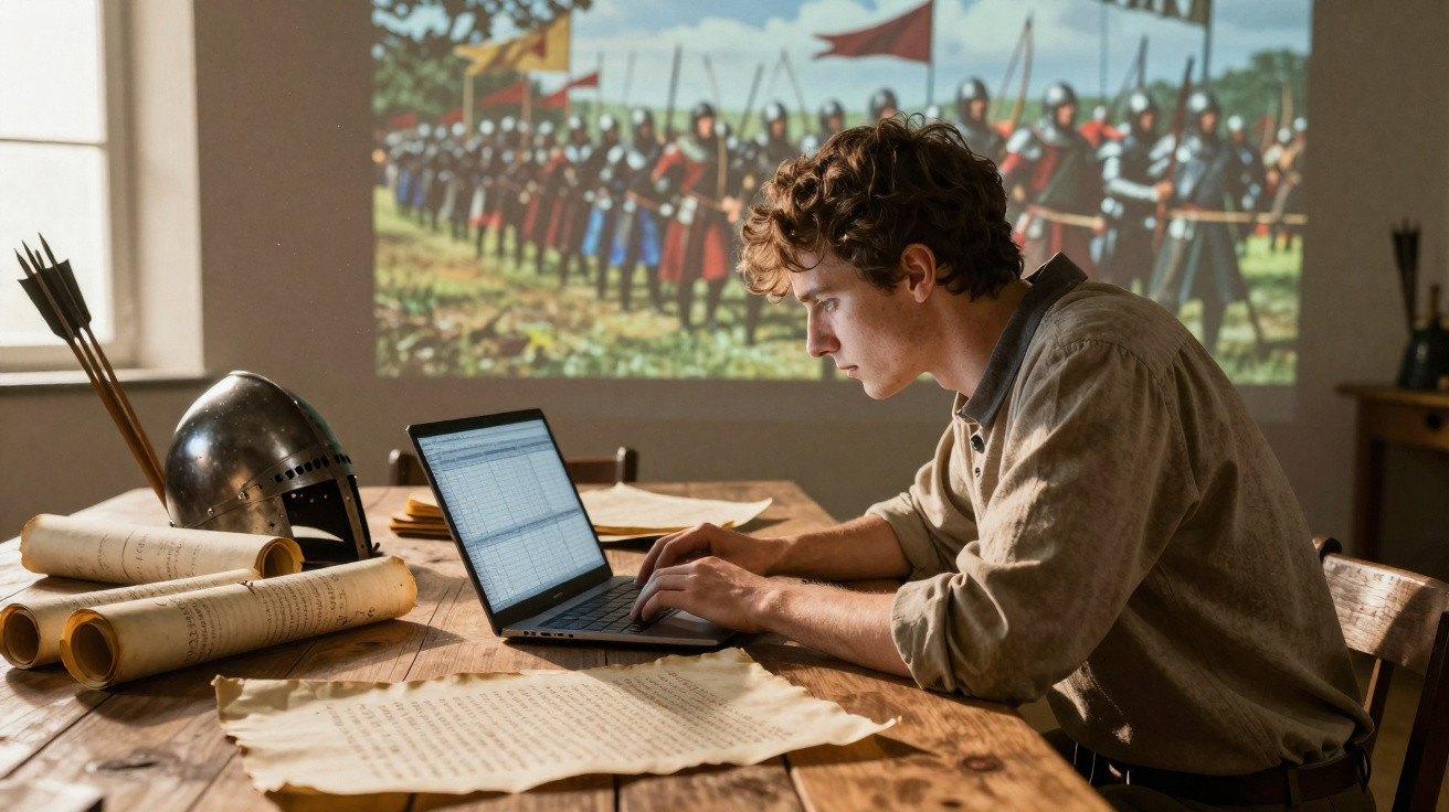 Jovem estudando em laptop com pergaminhos e capacete medieval na mesa e imagem de soldados projetada na parede.
