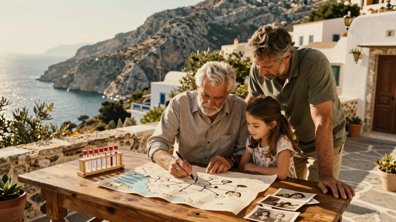 Homem idoso desenha mapa genético ao ar livre com homem e menina observando, vista para o mar ao fundo.
