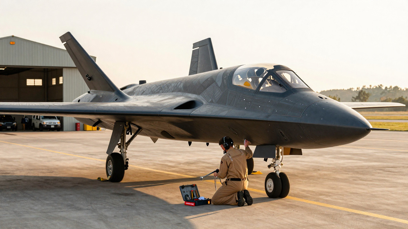 Avião stealth preto estacionado em pista com técnico em uniforme marrom realizando manutenção.